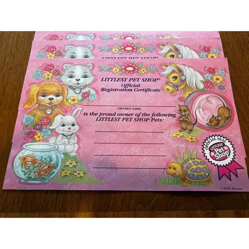 1994‎ Kenner littlest pet shop official registration certificate Lot Of 7